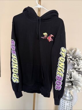 Source Unknown Black Hoodie with Yellow & Purple Sleeve Graphics